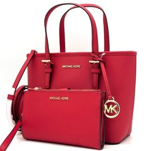 Michael Kors Jet Set Travel Extra-Small Top Zip Tote Bag & Double Zip Wallet Red